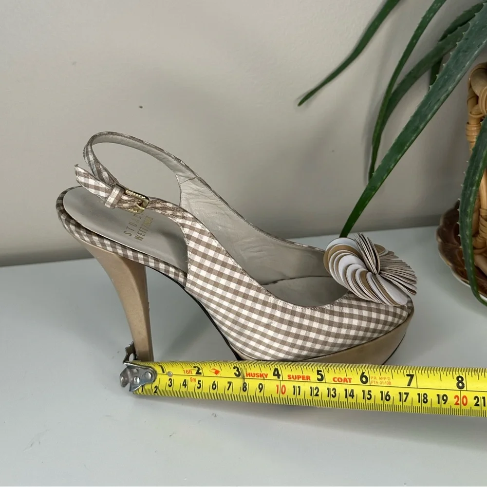 Stuart Weitzman Gingham Slingback Heels 7M | Platform Peep Toe Floral Bow - Picture 9 of 14